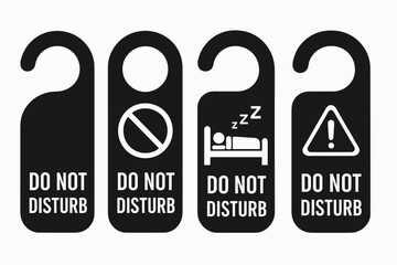 Monochrome do not disturb door hanger collection with sleep prohibition and warning icons for hotel room privacy signage vector design set