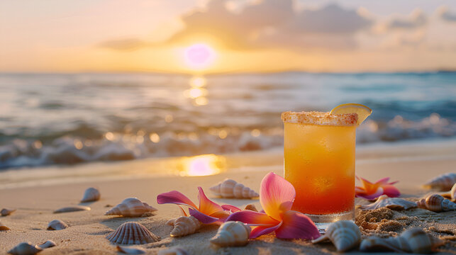 Tequila Sunrise cocktail against the sea, summer banner with space for text