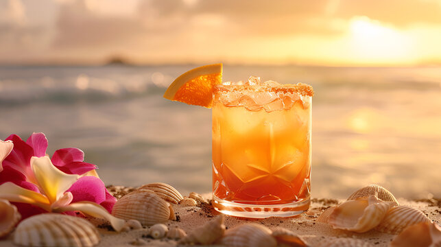 Tequila Sunrise cocktail against the sea, summer banner with space for text