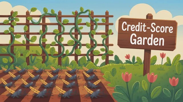 Identical cartoon animation frames depicting a garden with a wooden fence covered by vines, rows of crickets, a wooden sign that reads credit score garden, and red tulips