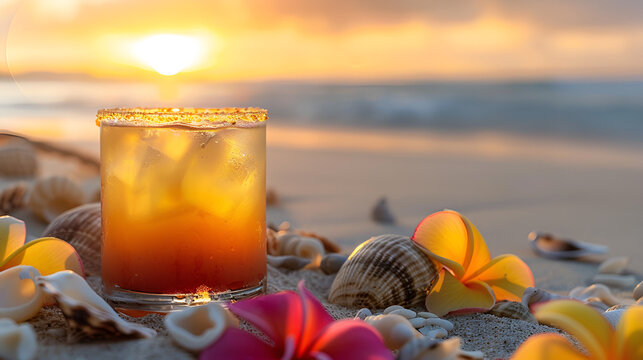 Tequila Sunrise cocktail against the sea, summer banner with space for text