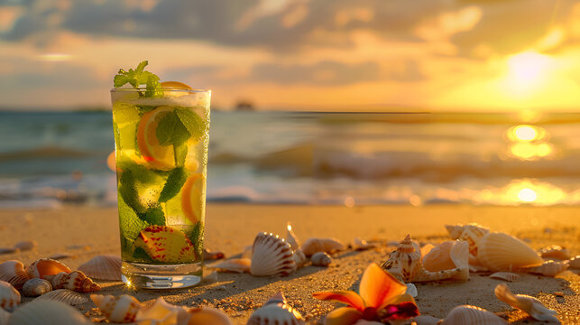 Mojito cocktail against the sea, summer banner with space for text