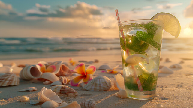 Mojito cocktail against the sea, summer banner with space for text