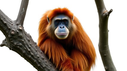 Fototapeta premium Golden-Furred Primate Sitting on Tree Branch Facing Camera