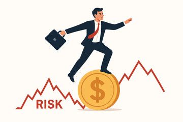 Professional businessman standing on dollar coin balancing financial risks and market volatility challenges in modern business vector illustration