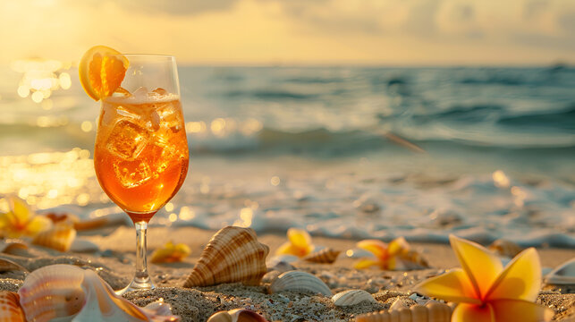 Spritz Aperol  cocktail against the sea, summer banner with space for text