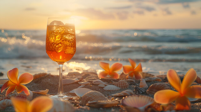 Spritz Aperol  cocktail against the sea, summer banner with space for text