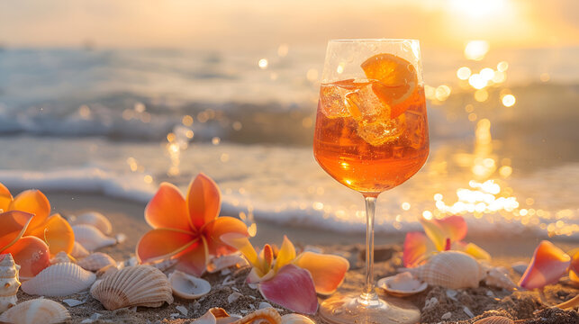 Spritz Aperol  cocktail against the sea, summer banner with space for text