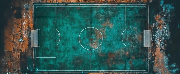 Abandoned Soccer Field Aerial View Overgrown and Weathered Pitch