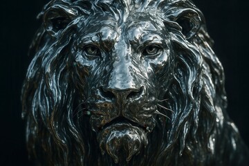 Metallic lion head sculpture staring intensely with dark background