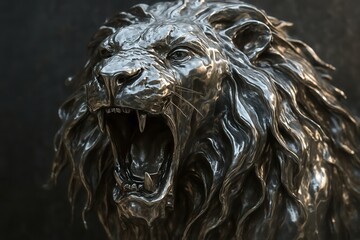 Metallic lion head roaring fiercely, showcasing power and majesty