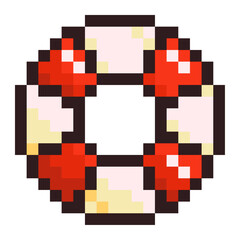 Pixel illustration of a lifebuoy ring in retro 8-bit style with red and white segments. Ideal for beach, ocean, summer, safety, and nautical-themed projects or pixel art game assets and collections.