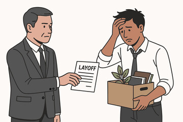 Boss delivering layoff notice to stressed employee holding personal belongings box in corporate office termination scene vector illustration