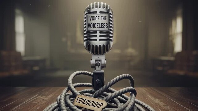 Vintage microphone tied up and silenced with rope and censorship labels, symbolizing suppression of free speech and the silencing of marginalized communities