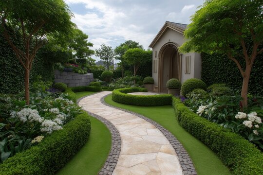 A garden path winds past sculpted hedges towards an arched building flanked by trees and lush greenery under a cloudy sky