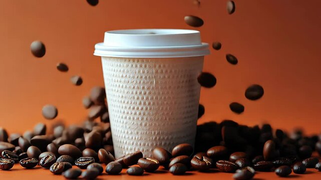 Aromatic Coffee Moment: A captivating scene showcasing a takeaway cup surrounded by scattered, freshly roasted coffee beans, creating an appetizing visual