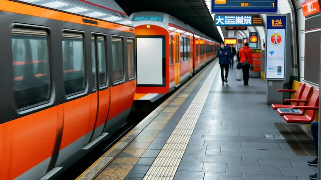 Urban Commute: Capture the essence of urban transportation, showcasing a modern subway station. The image highlights the sleek design of the train carriages.
