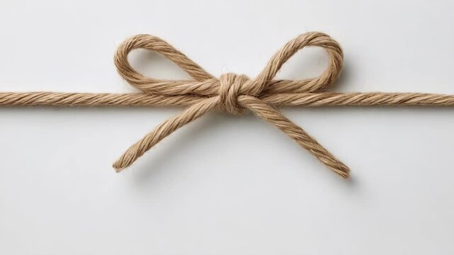 Simple brown twine tied in a bow isolated against a clean white background, showcasing a classic knot often used in crafts and decoration.