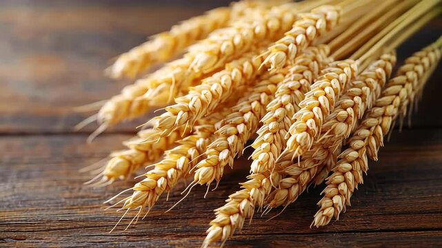 Golden Grain's Rustic Charm: A close-up captures the intricate details of golden wheat stalks, with kernels clustered, set against a textured wood grain backdrop.