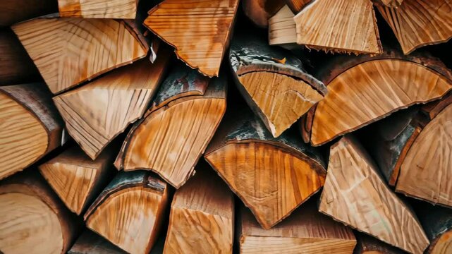 Stack of Firewood: Close-up of neatly stacked firewood, showcasing the natural texture and warm tones of the wood grain.