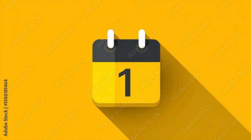 Poster calendar icon with number one on vibrant yellow background minimalist design for scheduling an