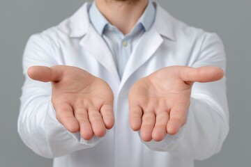A person in a white coat extends both open hands palms up against a solid gray background