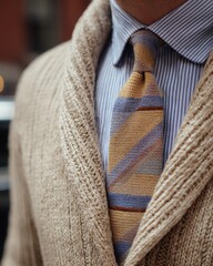 Close-up of a knitted cardigan, collared shirt, and patterned tie.
