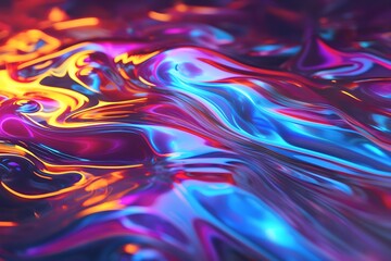 Fototapeta premium Vibrant neon chrome liquid waves with iridescent reflections create a futuristic cosmic metallic abstract background ideal for sci-fi, cyberpunk and tech designs.