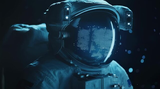 Sleek spacesuit clad astronaut drifting through cosmic expanse, advanced digital interface glowing on reflective helmet visor amid swirling luminescent particles