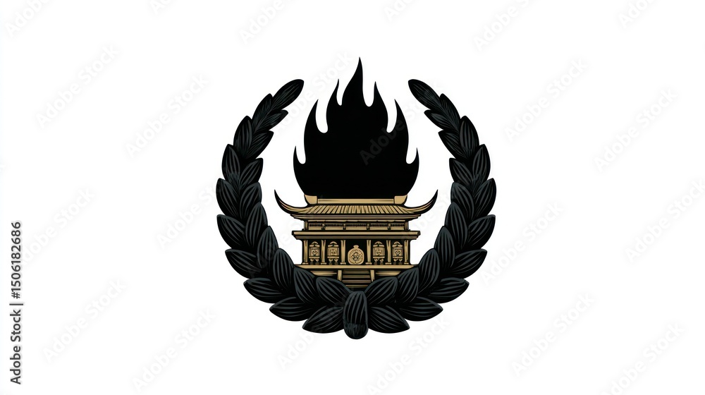 Poster flame crowned structure encircled by laurel wreath symbolic design for emblems logos and dec