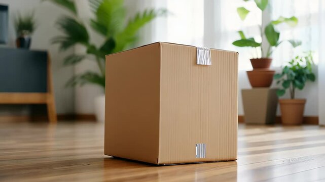 Brown Parcel on Hardwood Floor: A pristine brown cardboard box sits squarely on a polished hardwood floor, bathed in soft natural light from a nearby window and leafy plants in the background.