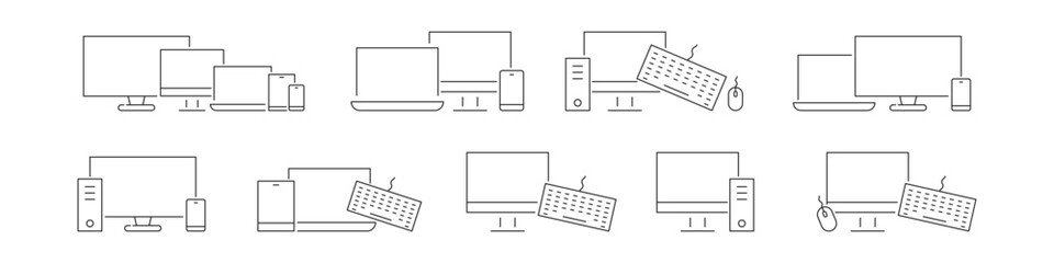 Device and technology icon set. Electronic devices and gadgets line icons. Vector illustration