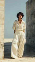 A woman in a cream-colored linen shirt and wide-leg pants outdoors.