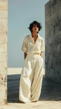 A woman in a cream-colored linen shirt and wide-leg pants outdoors.
