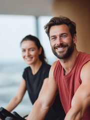 Obraz premium Smiling couple exercising in the gym. Focus on health, fitness, and wellbeing. Ideal for promoting active lifestyles, gym memberships, or wellness programs.