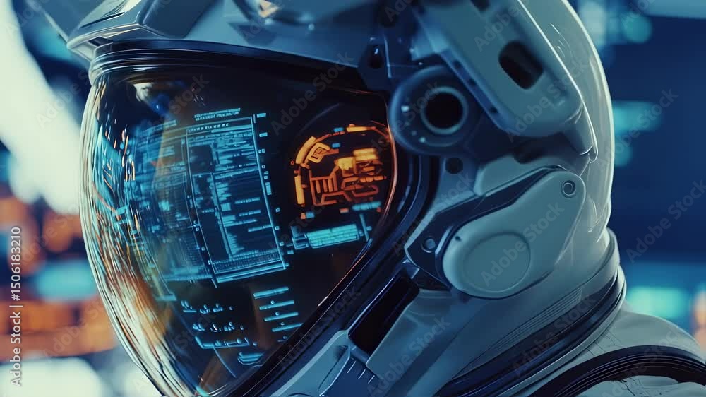 Poster futuristic astronaut working inside spaceship control room wearing spacesuit and space helmet with h