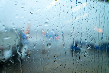 Raindrops on window obscure airplane view.