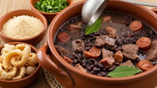 Video of Brazilian Feijoada Rich in Meat and Beans Served in a Clay Pot, accompanied by saut&eacute;ed kale, farofa and pork bacon. A typical Brazilian dish