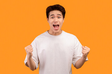 Yes, Achievement Concept. Excited young asian man cheering and screaming, celebrating victory....