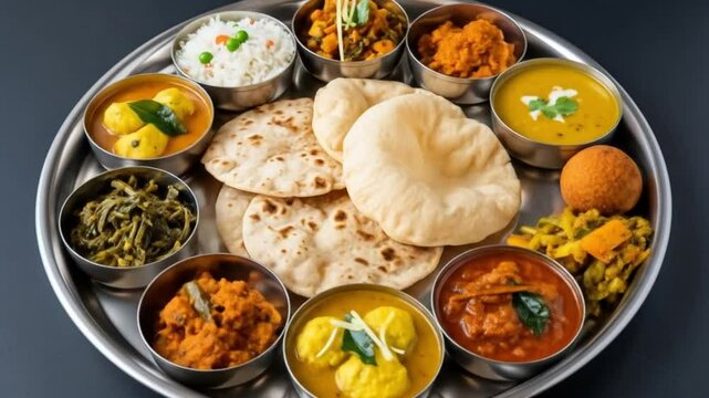 Video of Variety of Indian Thali meals with curry, rice, roti and vegetables on a silver platter for a traditional dinner and celebration of cultural diversity and culinary traditions