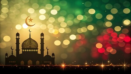 Silhouette of Mosque with Crescent Moon and Star on Festive Bokeh Background
