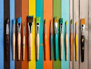 Vibrant collection of flat paintbrushes aligned in a row, each dipped in different vivid paint colors on wood background, representing creativity, art tools, and color palette inspiration

