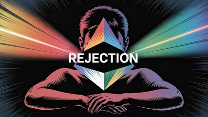 Colorful light beams emanate from behind a person holding a diamond shaped symbol with the word rejection written on it, creating a thought provoking image