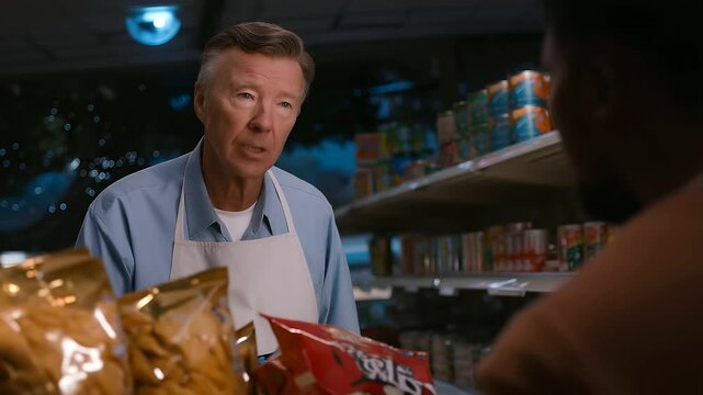 Grocery store clerk confronts shoplifter in aisle with canned goods