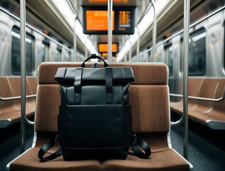 Modern black backpack placed on a subway seat in an empty train carriage, conveying urban travel, commuting lifestyle, and minimal design in a sleek public transportation setting


