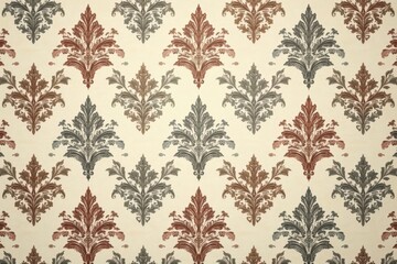Classic damask pattern with a repeating leaf and scroll motif in muted tones , repeat, sophisticated, formal