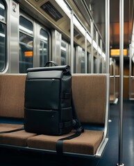 Fototapeta premium Modern black backpack placed on a subway seat in an empty train carriage, conveying urban travel, commuting lifestyle, and minimal design in a sleek public transportation setting