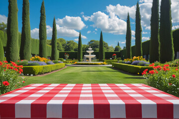 Perfect sunny day for a picnic in a blooming garden.