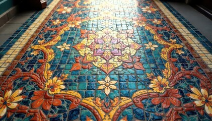 Intricate tile mosaic floor, geometric design, macro, building, pattern