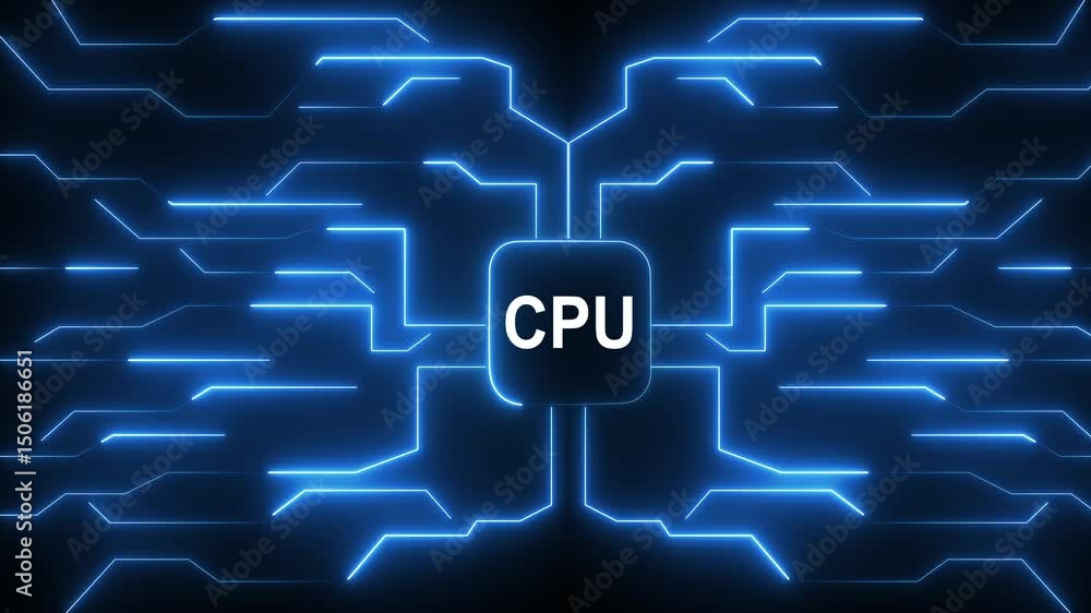Poster neon circuit board. microchip with electronic circuit board glowing animation. high tech glowing fut